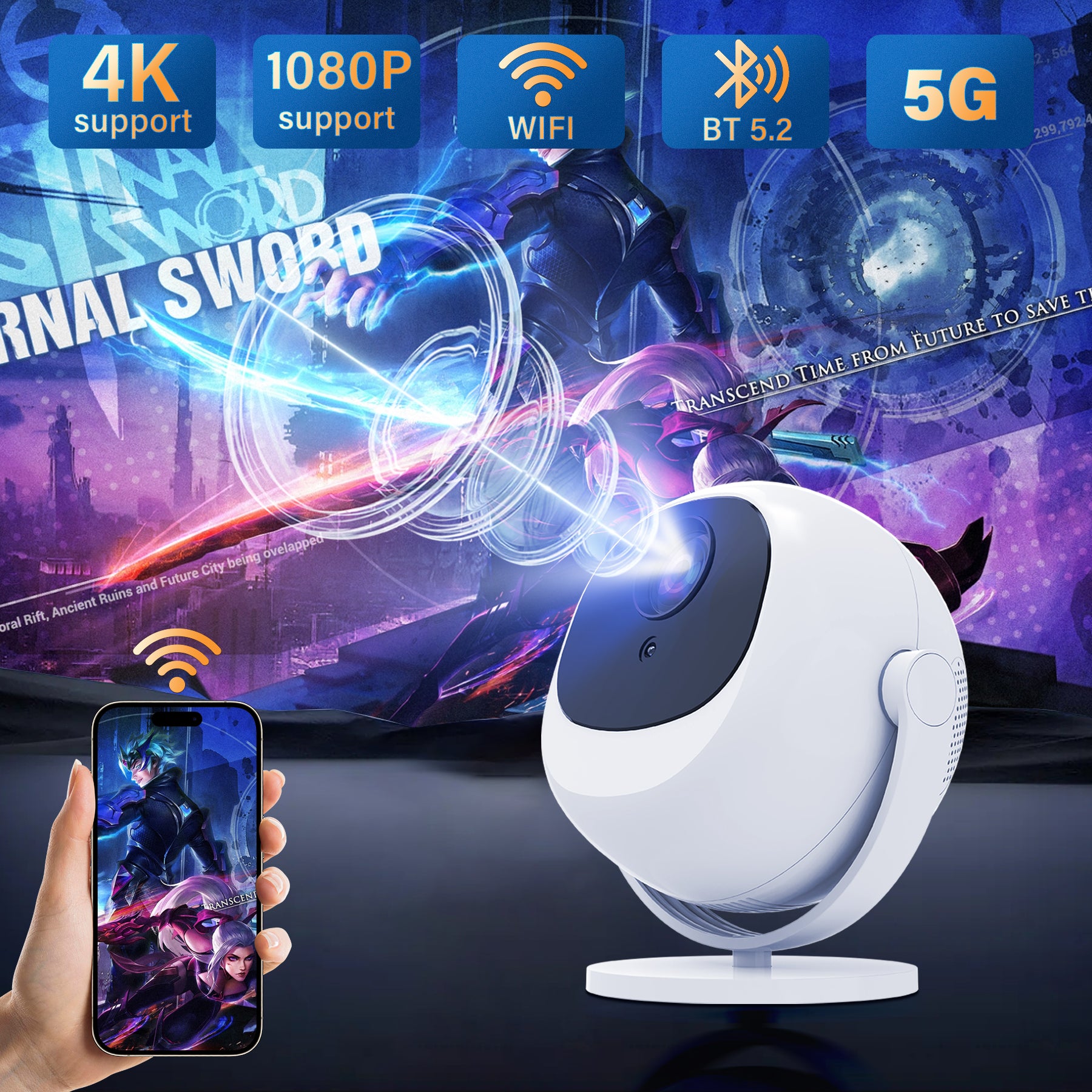 Smart Orb Projector Android 11 Bluetooth 5G Dual Band HD 4k HD Projector